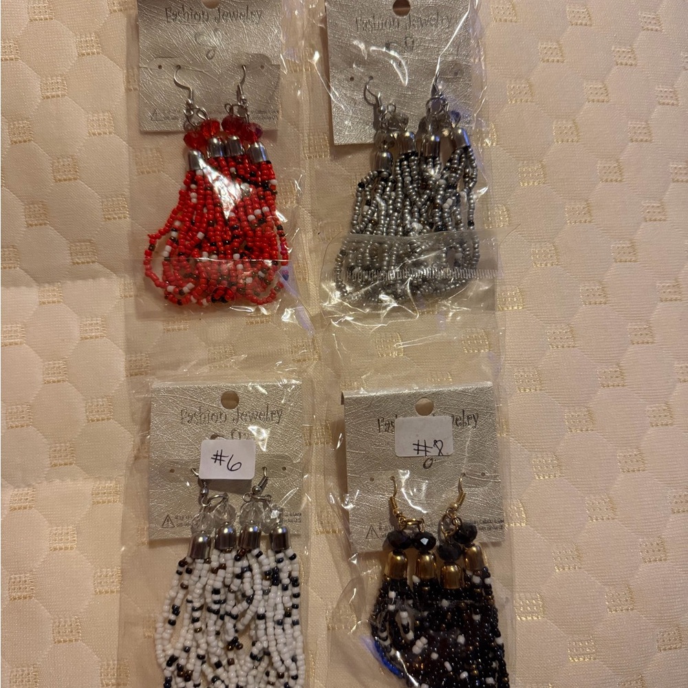 Fashion Jewelry Beaded Earrings Set - Red, Silver, Black & White